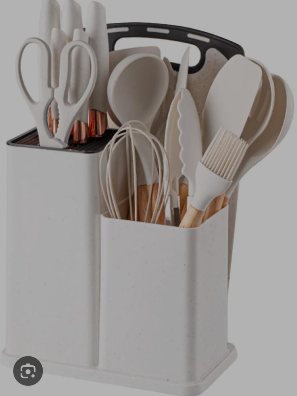 19pcs Heat-resistant Silicone Cooking Kitchen Spoon Set with Knives and Chop Board Silicone kitchen utensil set with natural wooden handles and a turquoise (or mint green) storage holder.