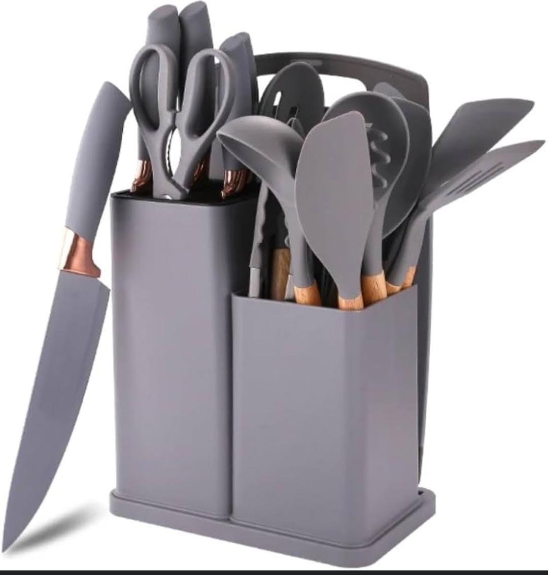 19pcs Heat-resistant Silicone Cooking Kitchen Spoon Set with Knives and Chop Board Silicone kitchen utensil set with natural wooden handles and a turquoise (or mint green) storage holder.