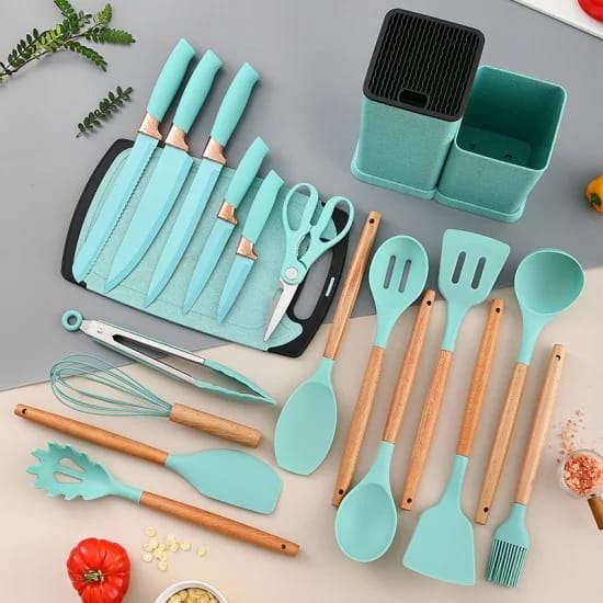 19pcs Heat-resistant Silicone Cooking Kitchen Spoon Set with Knives and Chop Board Silicone kitchen utensil set with natural wooden handles and a turquoise (or mint green) storage holder.