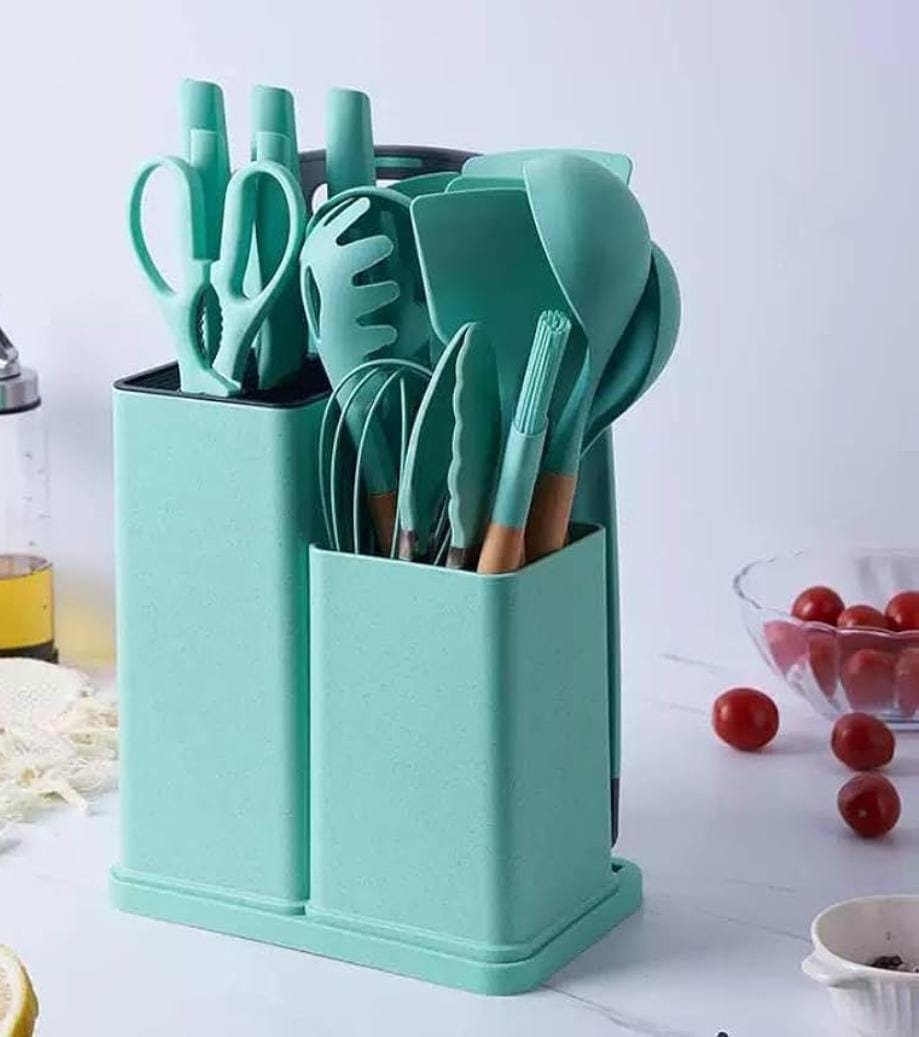 19pcs Heat-resistant Silicone Cooking Kitchen Spoon Set with Knives and Chop Board Silicone kitchen utensil set with natural wooden handles and a turquoise (or mint green) storage holder.