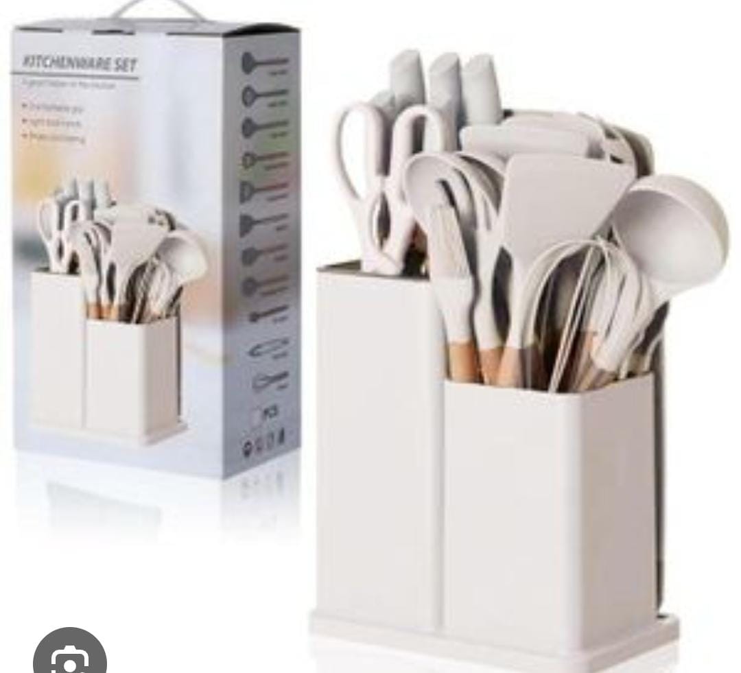 19pcs Heat-resistant Silicone Cooking Kitchen Spoon Set with Knives and Chop Board Silicone kitchen utensil set with natural wooden handles and a turquoise (or mint green) storage holder.