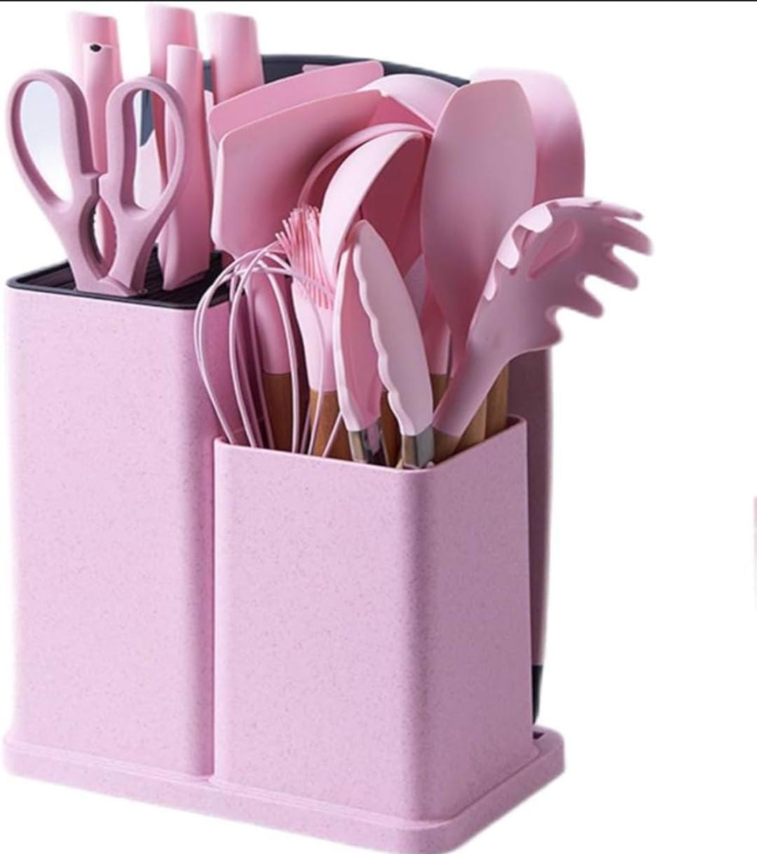 19pcs Heat-resistant Silicone Cooking Kitchen Spoon Set with Knives and Chop Board Silicone kitchen utensil set with natural wooden handles and a turquoise (or mint green) storage holder.