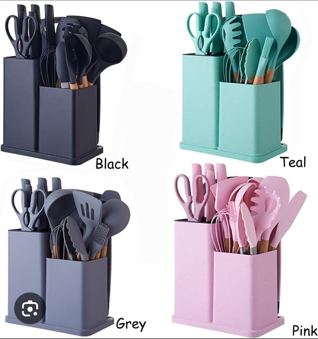 19pcs Heat-resistant Silicone Cooking Kitchen Spoon Set with Knives and Chop Board Silicone kitchen utensil set with natural wooden handles and a turquoise (or mint green) storage holder.