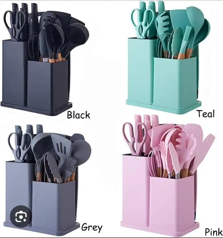 19pcs Heat-resistant Silicone Cooking Kitchen Spoon Set with Knives and Chop Board Silicone kitchen utensil set with natural wooden handles and a turquoise (or mint green) storage holder.