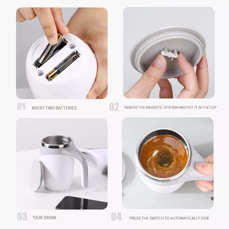 PREMIUM AAA Battery Powered 380ml Stainless Steel Magnetic Stirring Cup Automatic Magnetic Electric Mixing Cup, Self Stirring Coffee Mug with Lid