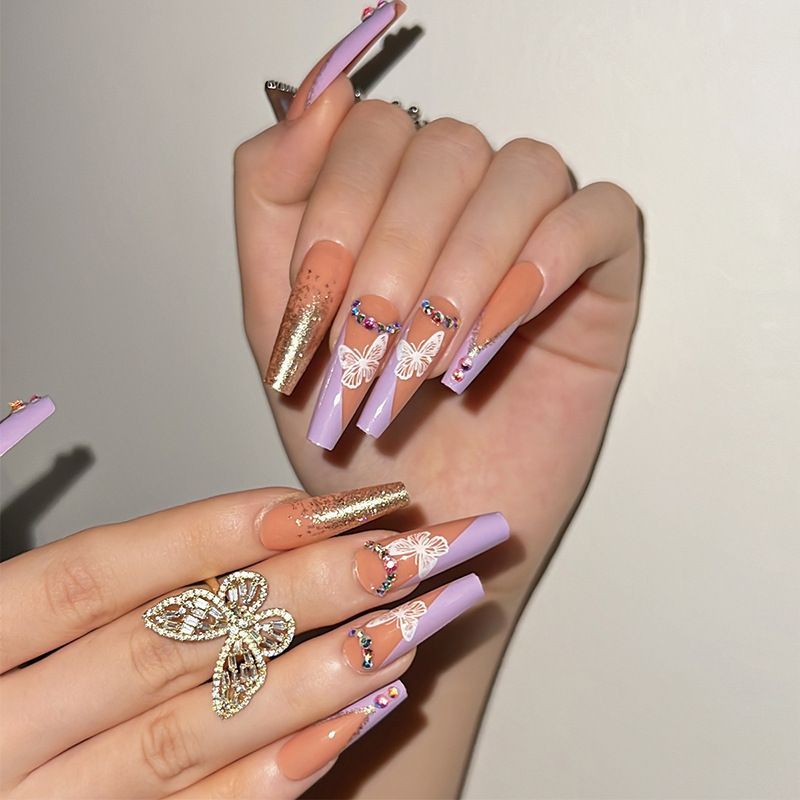 24 PCS Holographic Fake Nails Rainbow Effect Press On Nails Free Glue Included Fake nail