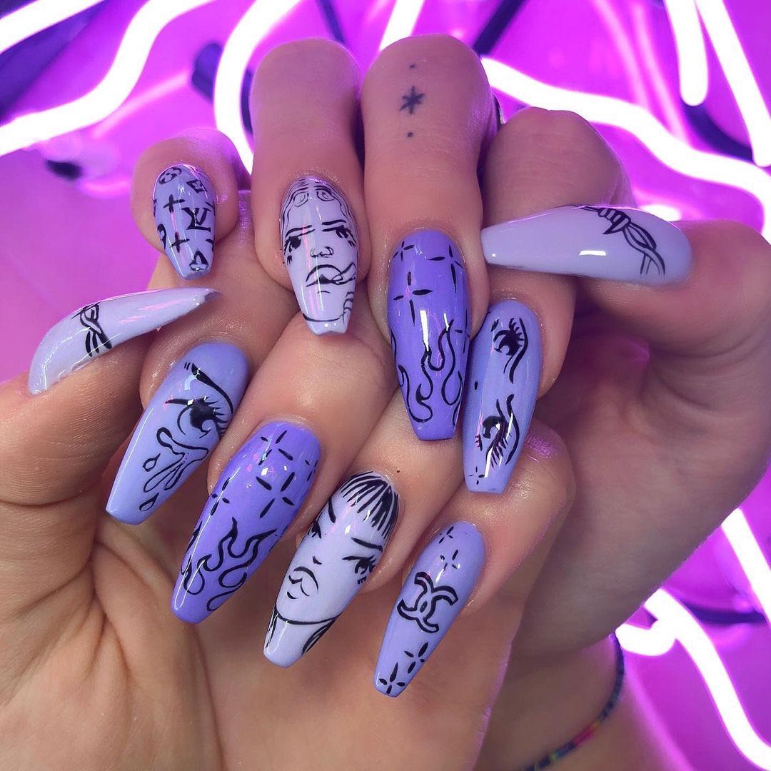 24 PCS Abstract Art Purple Press-On Fake Nails, Free Glue Included