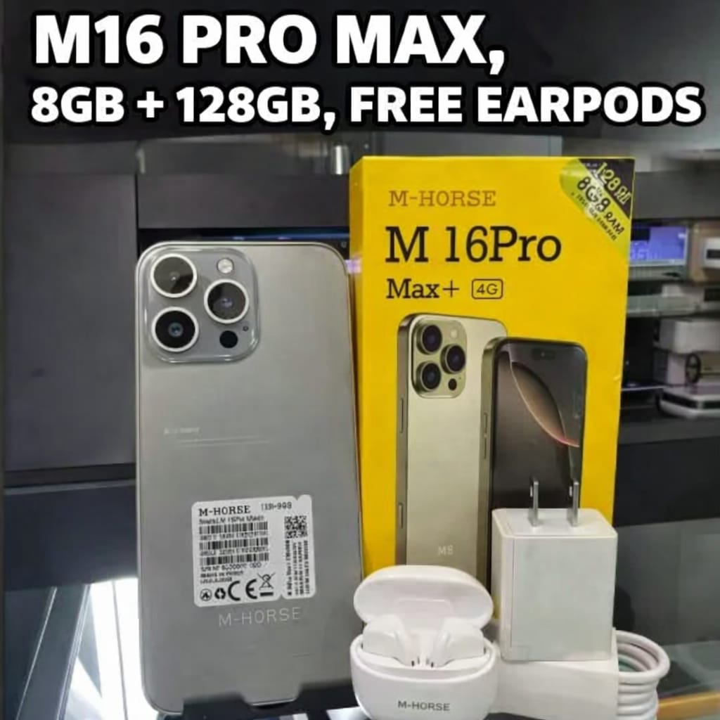 M-HORSE M16 Pro Max + 6.6'' HD + incell 8GB RAM + 128GB ROM 8MP Front camera +13MP Rear camera 5000mAh battery capacity,  Android 14 phone smartphone, WITH EARPODS
