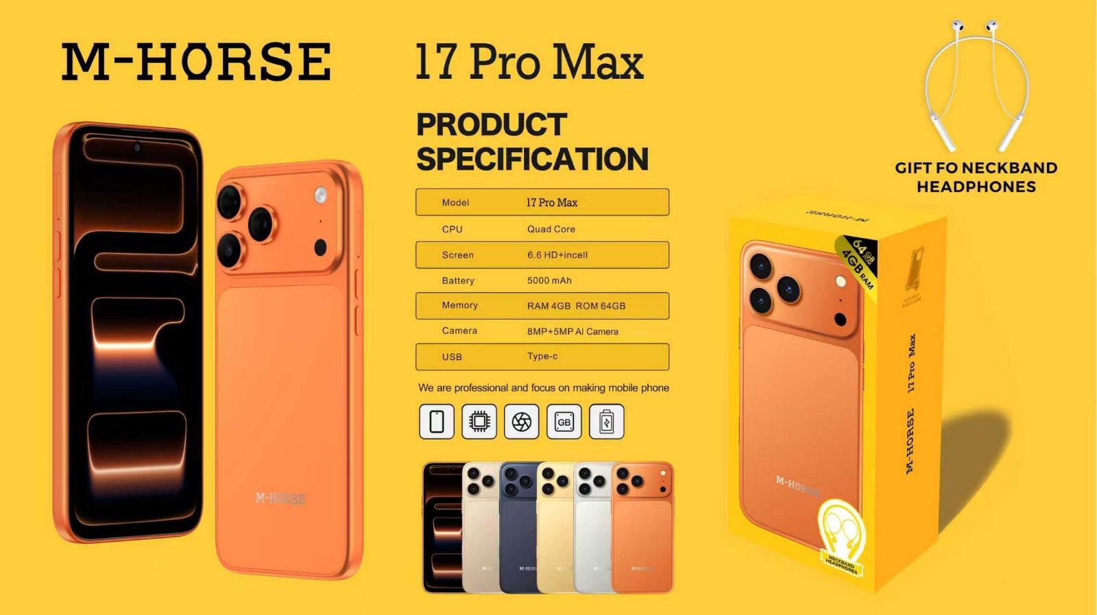 m horse 17 pro max, 6.6 hd+ incell punch hole screen, 4GB RAM + 64GB ROM, 8MP+ 5MP camera, 5000mah battery, android 14 . gift of neckbands included. type c fast charge