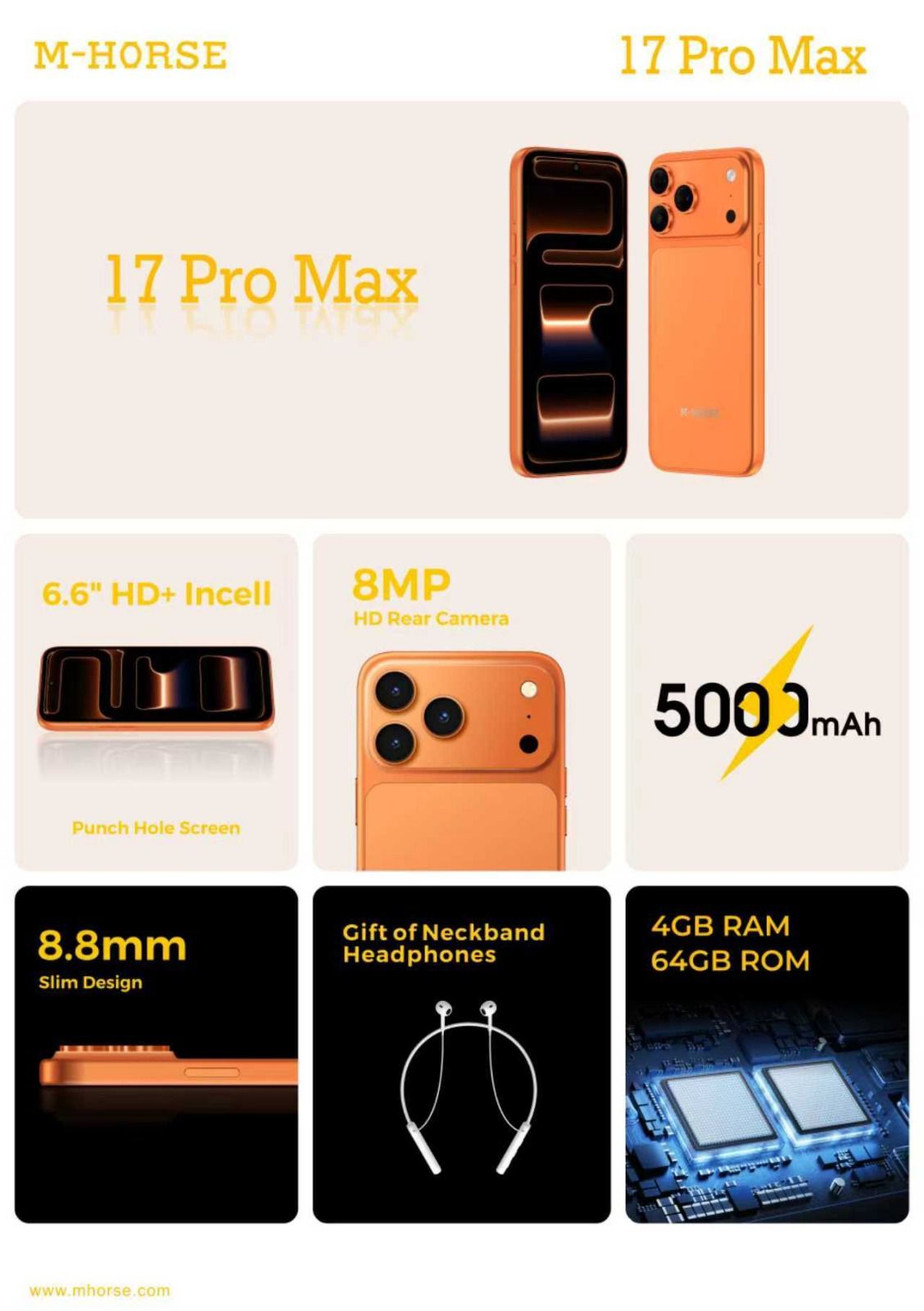 m horse 17 pro max, 6.6 hd+ incell punch hole screen, 4GB RAM + 64GB ROM, 8MP+ 5MP camera, 5000mah battery, android 14 . gift of neckbands included. type c fast charge