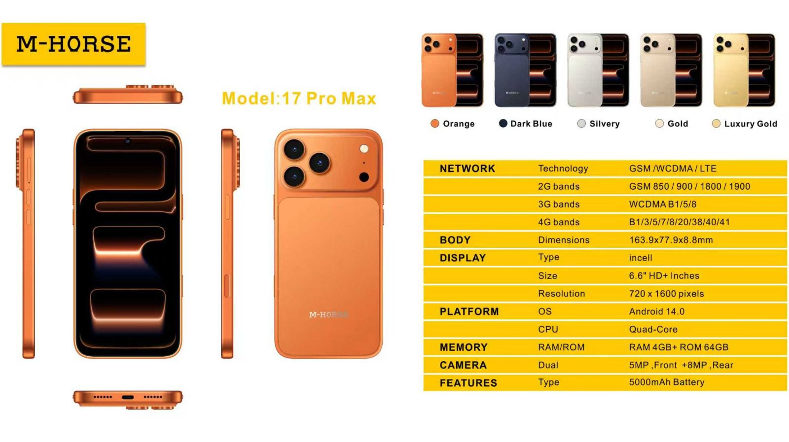 m horse 17 pro max, 6.6 hd+ incell punch hole screen, 4GB RAM + 64GB ROM, 8MP+ 5MP camera, 5000mah battery, android 14 . gift of neckbands included. type c fast charge