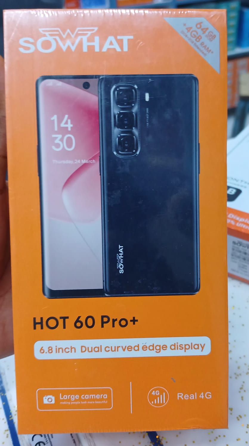SOWHAT HOT 60 Pro +, 6.8 inch curved edge display,4GB RAM + 64GB ROM, 32MP+16MP CAMERA, 5000MAH, DUAL SIM, ANDROID 14, OCTACORE PROCESSOR, OTG SUPPORT,  WITH WARRANTY. SIDE FINGERPRINT