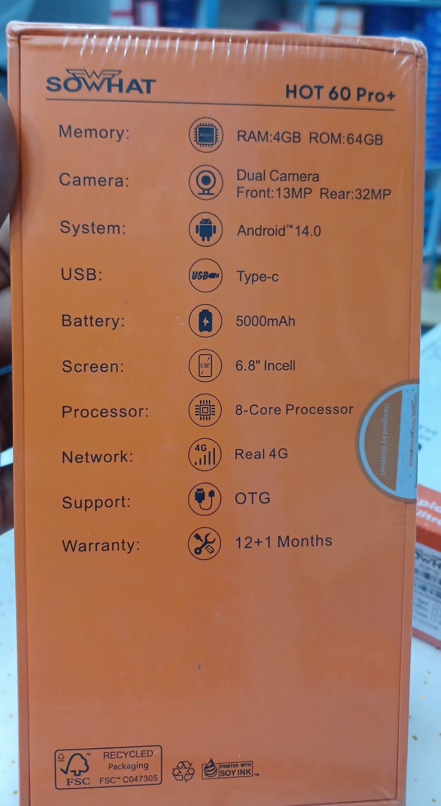 SOWHAT HOT 60 Pro +, 6.8 inch curved edge display,4GB RAM + 64GB ROM, 32MP+16MP CAMERA, 5000MAH, DUAL SIM, ANDROID 14, OCTACORE PROCESSOR, OTG SUPPORT,  WITH WARRANTY. SIDE FINGERPRINT
