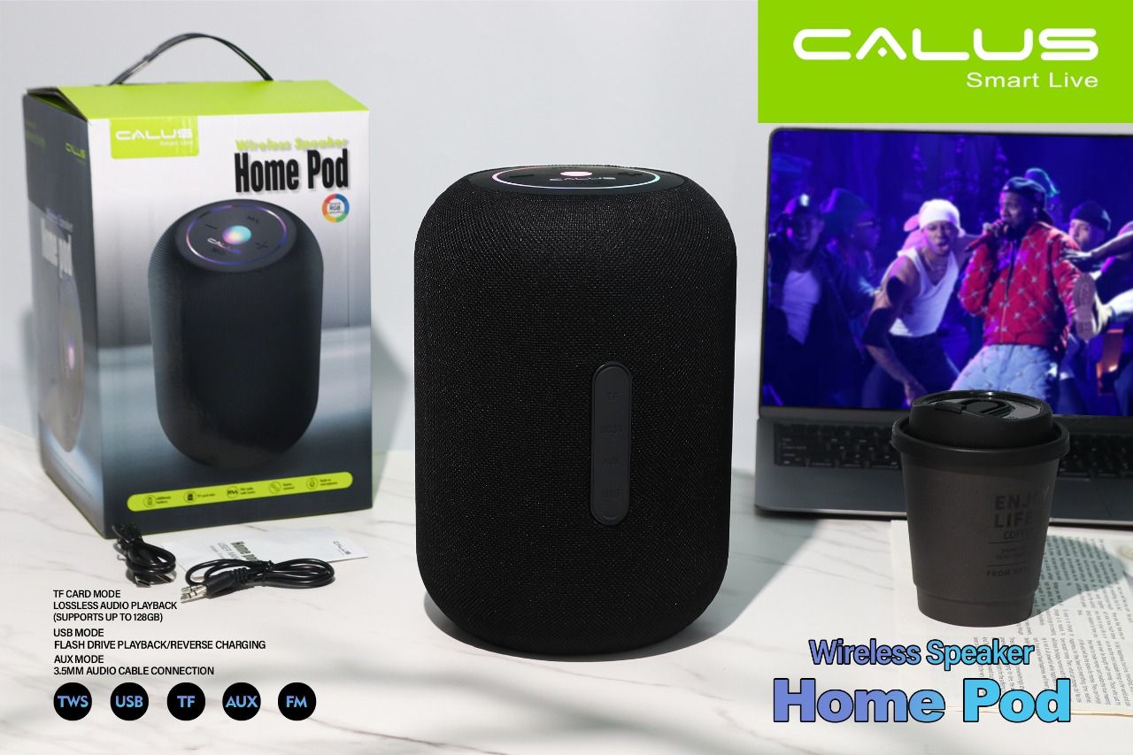 CALUS Home Pod, portable wireless speaker, often featuring a heavy, round design with fabric covers and strong bass output, 6000mah battery, support reverse charging, waterproof