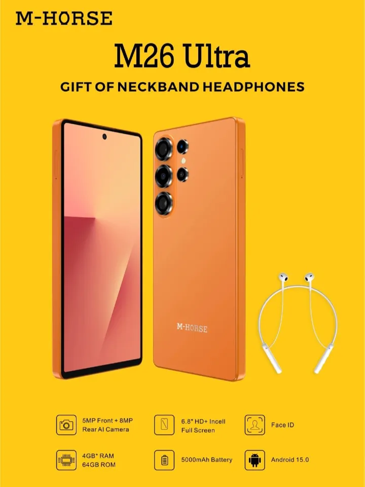 NEW ARRIVAL! M HORSE M26 ULTRA LTE, 6.8 HD+ Incell Full Screen, 5MP + 8MP REAR AI CAMERA,, 4GB RAM+ 64GB ROM , ANDROID 15, WITH FREE ORIGINAL NECKBAND HEADPHONES, PROTECTOR AND COVER,DUAL SIM, 5000MAH