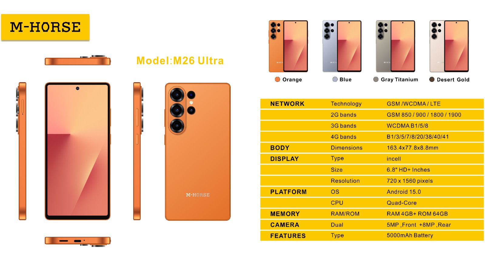 NEW ARRIVAL! M HORSE M26 ULTRA LTE, 6.8 HD+ Incell Full Screen, 5MP + 8MP REAR AI CAMERA,, 4GB RAM+ 64GB ROM , ANDROID 15, WITH FREE ORIGINAL NECKBAND HEADPHONES, PROTECTOR AND COVER,DUAL SIM, 5000MAH