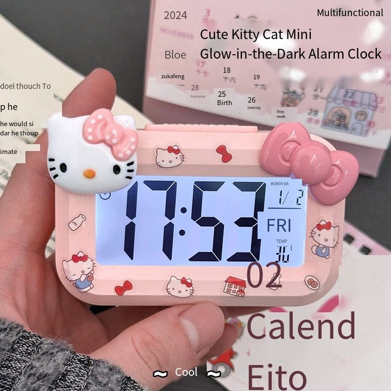 Kitty Mini Glow-in-the-Dark Student Alarm Clock - Cute Timer with Multiple Functions - Portable Desk Clock for Dormitory - Compact Table Clock and Watch