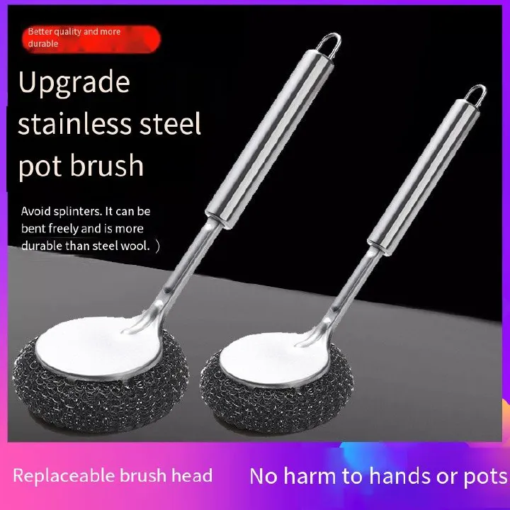 2 pcs stainless steel pot brush with long handle and steel wire ball for kitchen use. It is specially designed to clean pots without damaging them and is not prone to sticking to oil stains