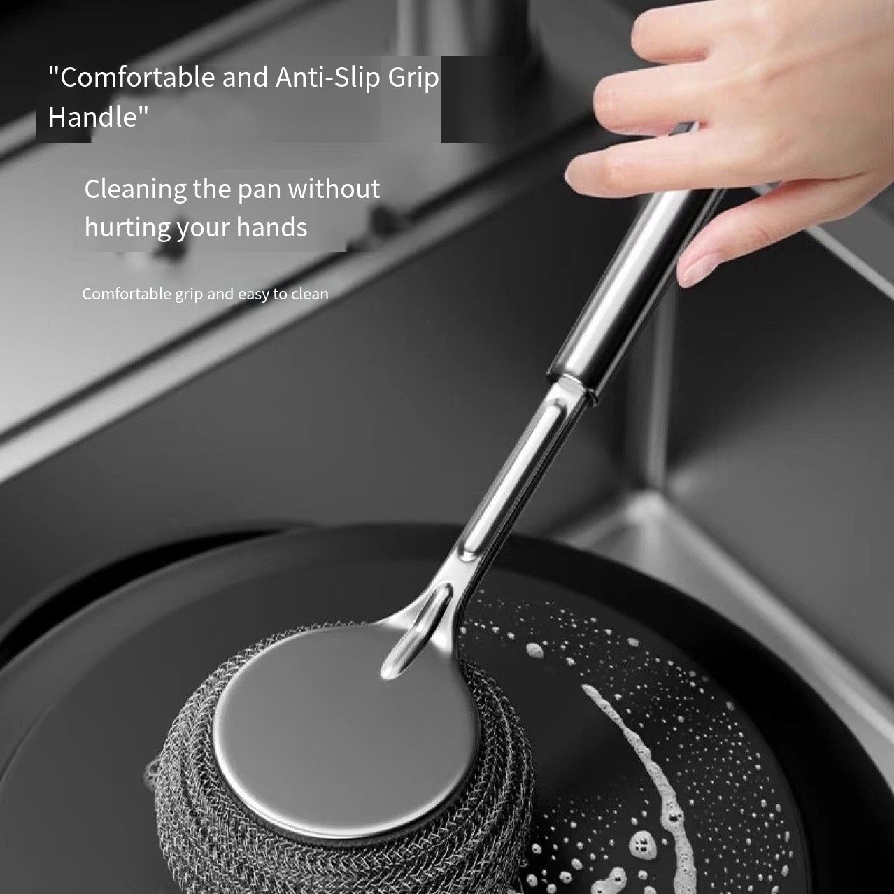 2 pcs stainless steel pot brush with long handle and steel wire ball for kitchen use. It is specially designed to clean pots without damaging them and is not prone to sticking to oil stains