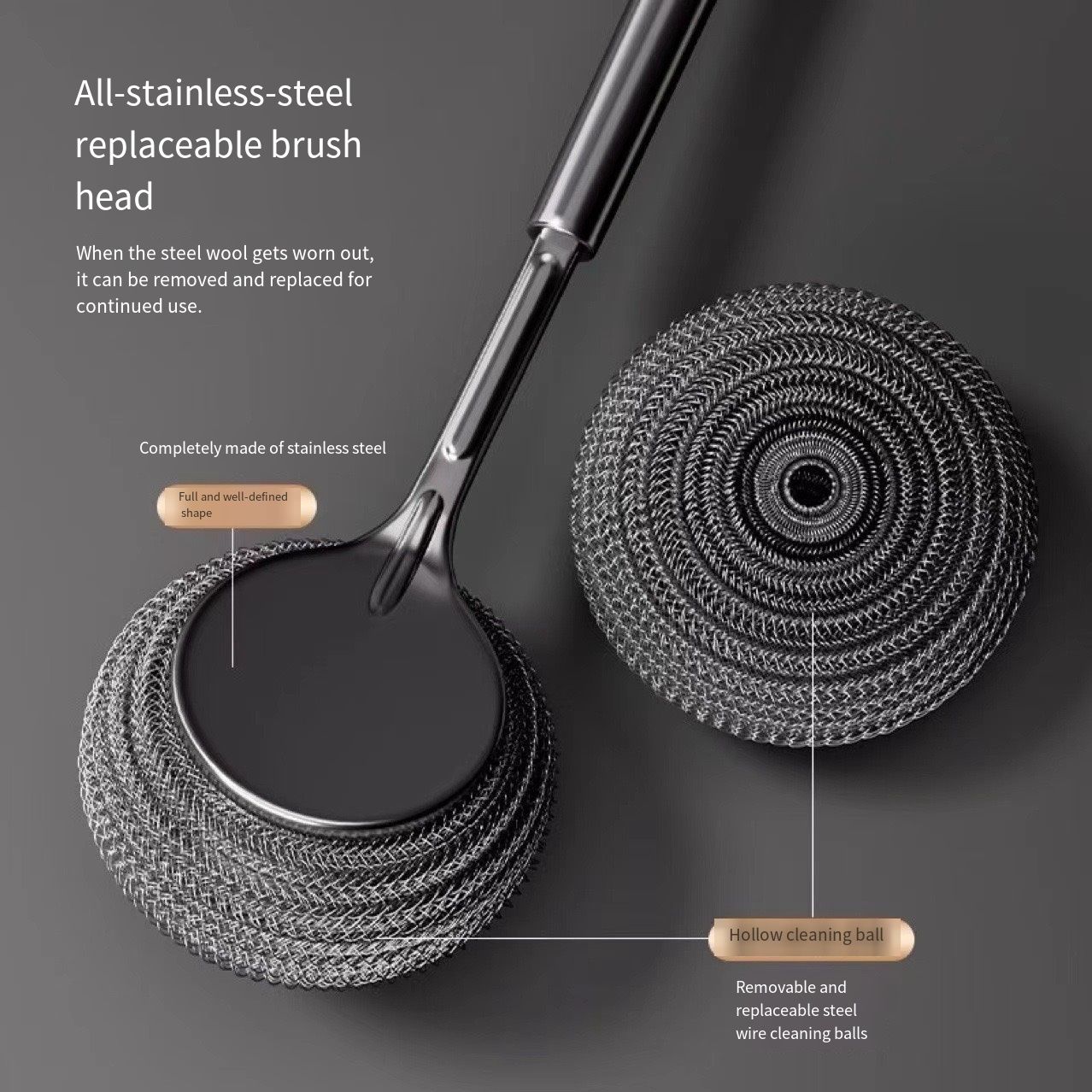 2 pcs stainless steel pot brush with long handle and steel wire ball for kitchen use. It is specially designed to clean pots without damaging them and is not prone to sticking to oil stains