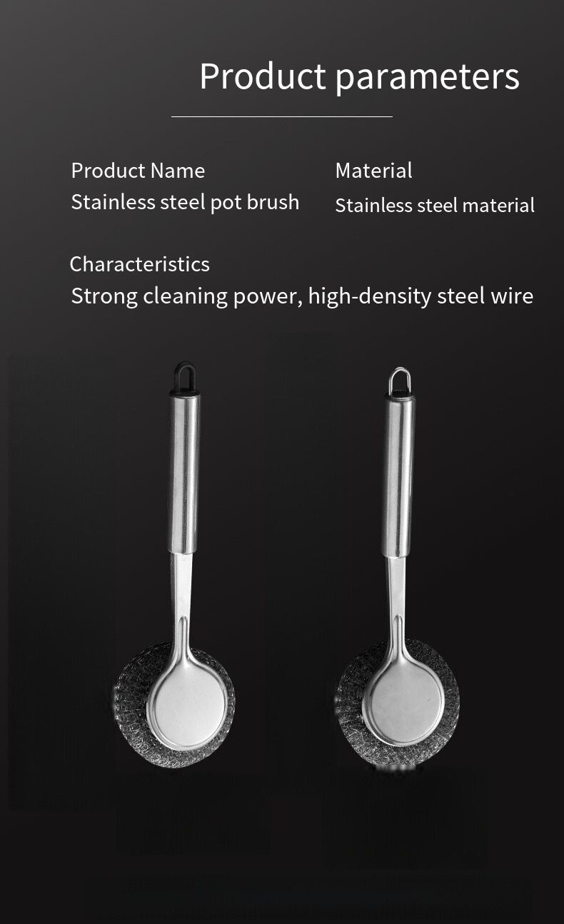 2 pcs stainless steel pot brush with long handle and steel wire ball for kitchen use. It is specially designed to clean pots without damaging them and is not prone to sticking to oil stains