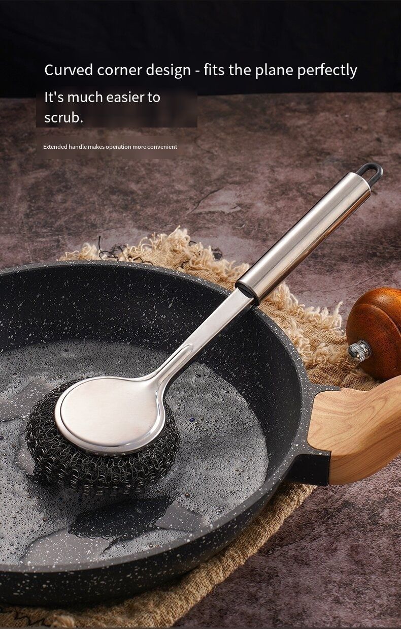 2 pcs stainless steel pot brush with long handle and steel wire ball for kitchen use. It is specially designed to clean pots without damaging them and is not prone to sticking to oil stains