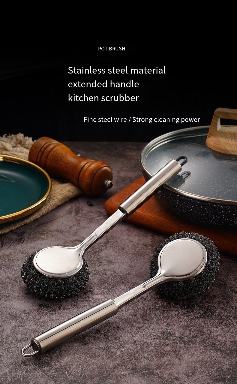 2 pcs stainless steel pot brush with long handle and steel wire ball for kitchen use. It is specially designed to clean pots without damaging them and is not prone to sticking to oil stains