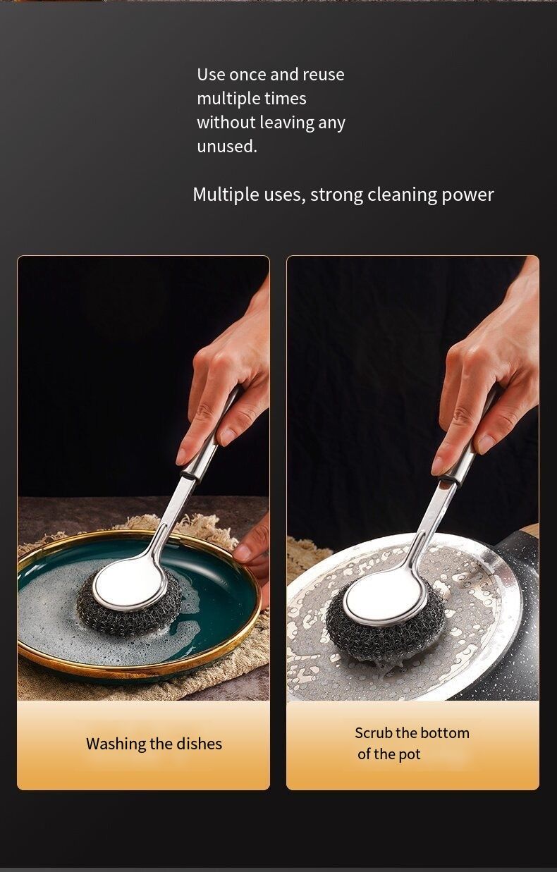 2 pcs stainless steel pot brush with long handle and steel wire ball for kitchen use. It is specially designed to clean pots without damaging them and is not prone to sticking to oil stains