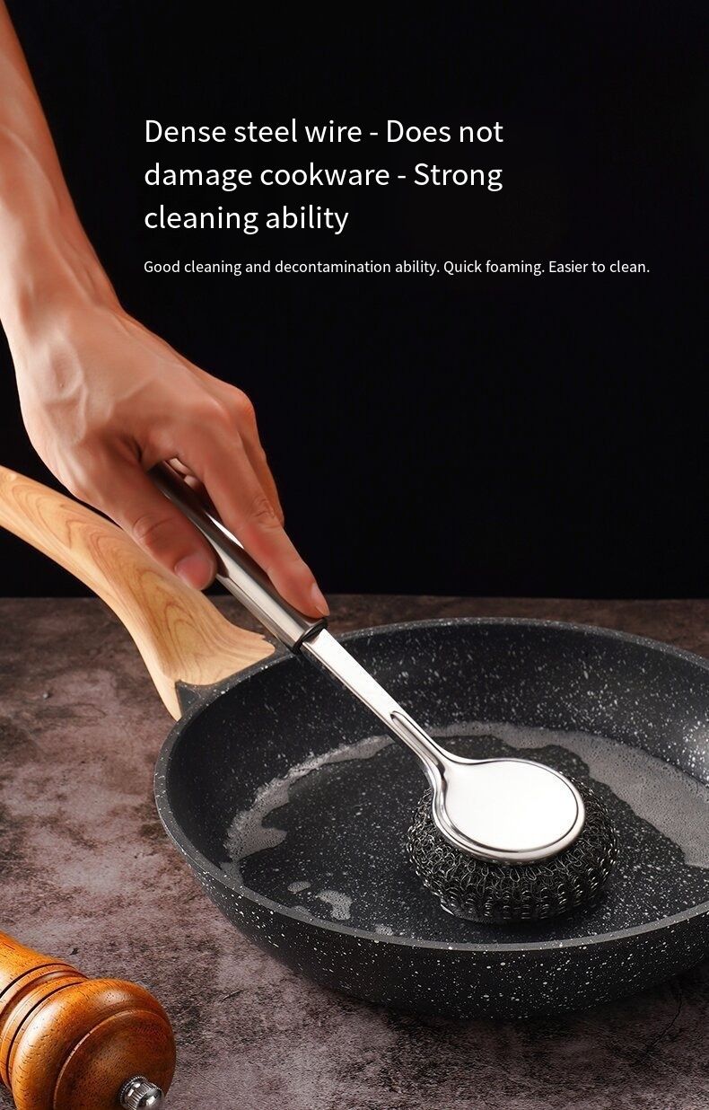 2 pcs stainless steel pot brush with long handle and steel wire ball for kitchen use. It is specially designed to clean pots without damaging them and is not prone to sticking to oil stains