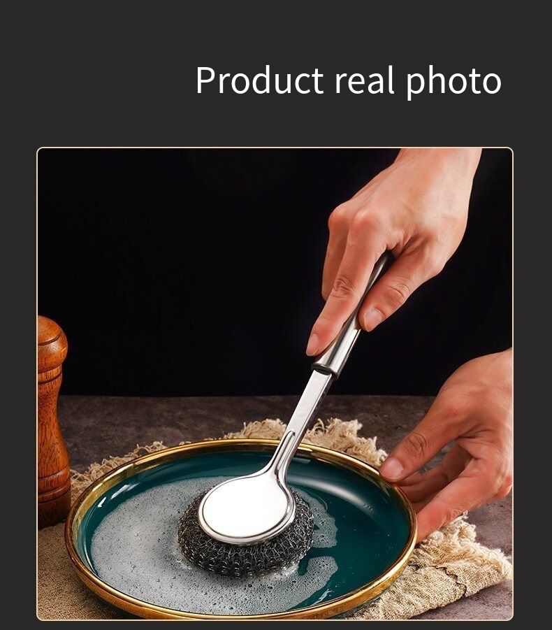 2 pcs stainless steel pot brush with long handle and steel wire ball for kitchen use. It is specially designed to clean pots without damaging them and is not prone to sticking to oil stains
