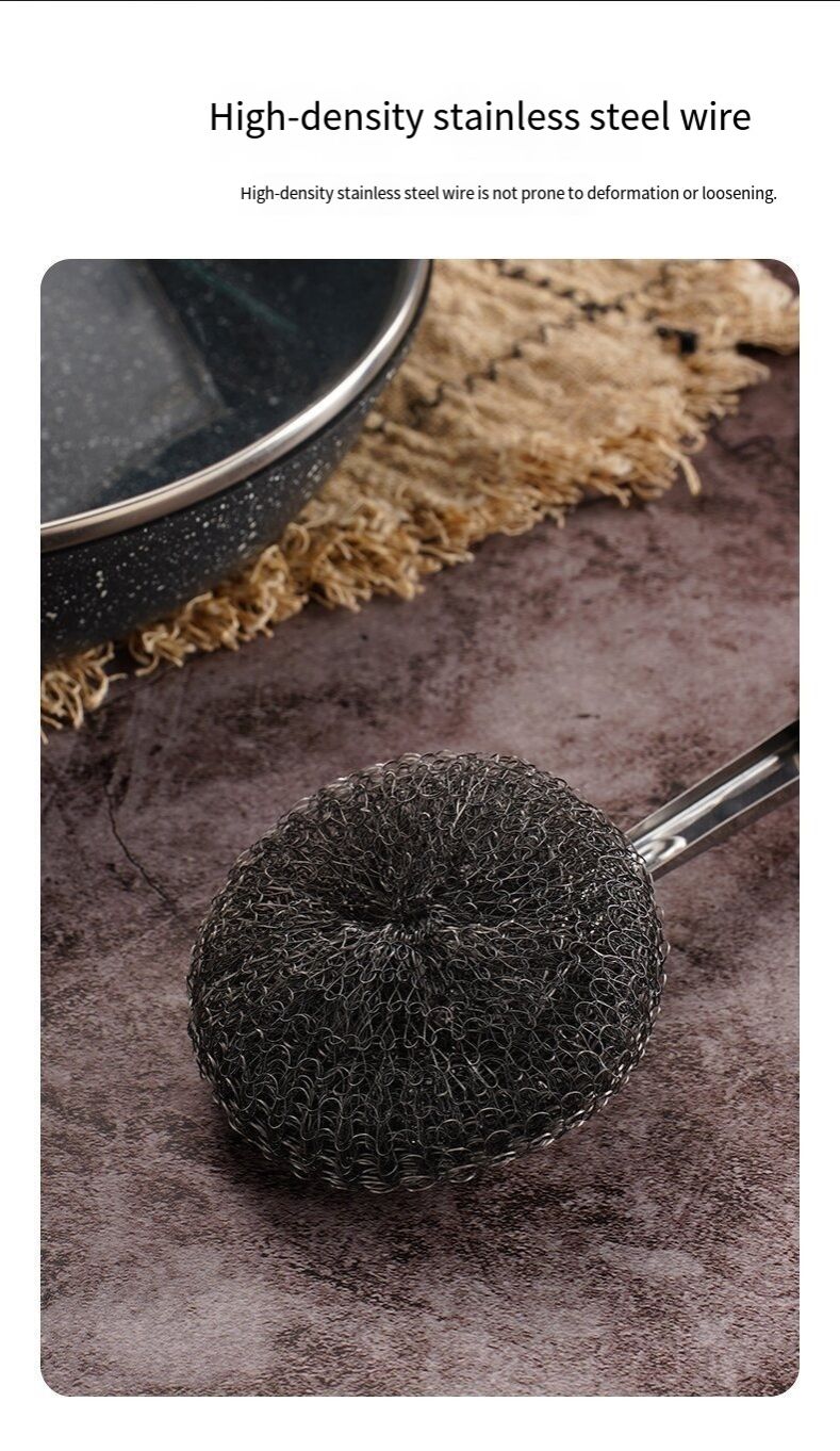 2 pcs stainless steel pot brush with long handle and steel wire ball for kitchen use. It is specially designed to clean pots without damaging them and is not prone to sticking to oil stains