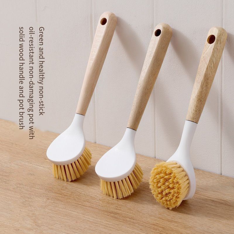 2 pcs Wood-handled dishwashing brush - multi-functional long-handled cleaning brush for bowls. Comes with handle. Suitable for household use. Non-stick oil-resistant dish brush