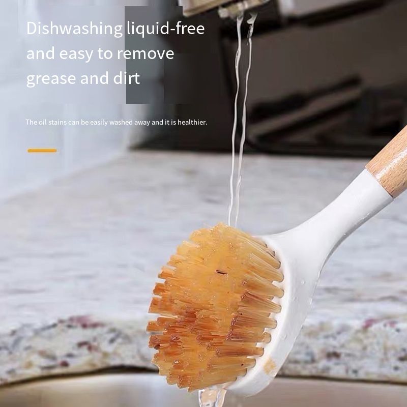 2 pcs Wood-handled dishwashing brush - multi-functional long-handled cleaning brush for bowls. Comes with handle. Suitable for household use. Non-stick oil-resistant dish brush