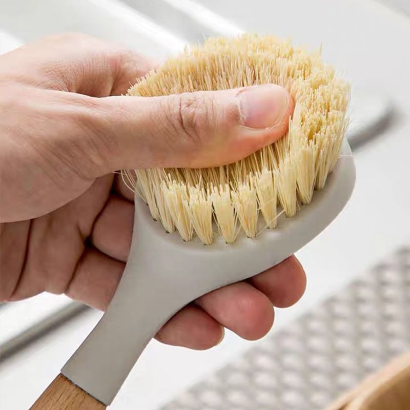 2 pcs Wood-handled dishwashing brush - multi-functional long-handled cleaning brush for bowls. Comes with handle. Suitable for household use. Non-stick oil-resistant dish brush