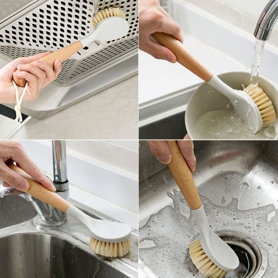 2 pcs Wood-handled dishwashing brush - multi-functional long-handled cleaning brush for bowls. Comes with handle. Suitable for household use. Non-stick oil-resistant dish brush