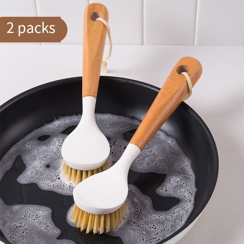 2 pcs Wood-handled dishwashing brush - multi-functional long-handled cleaning brush for bowls. Comes with handle. Suitable for household use. Non-stick oil-resistant dish brush
