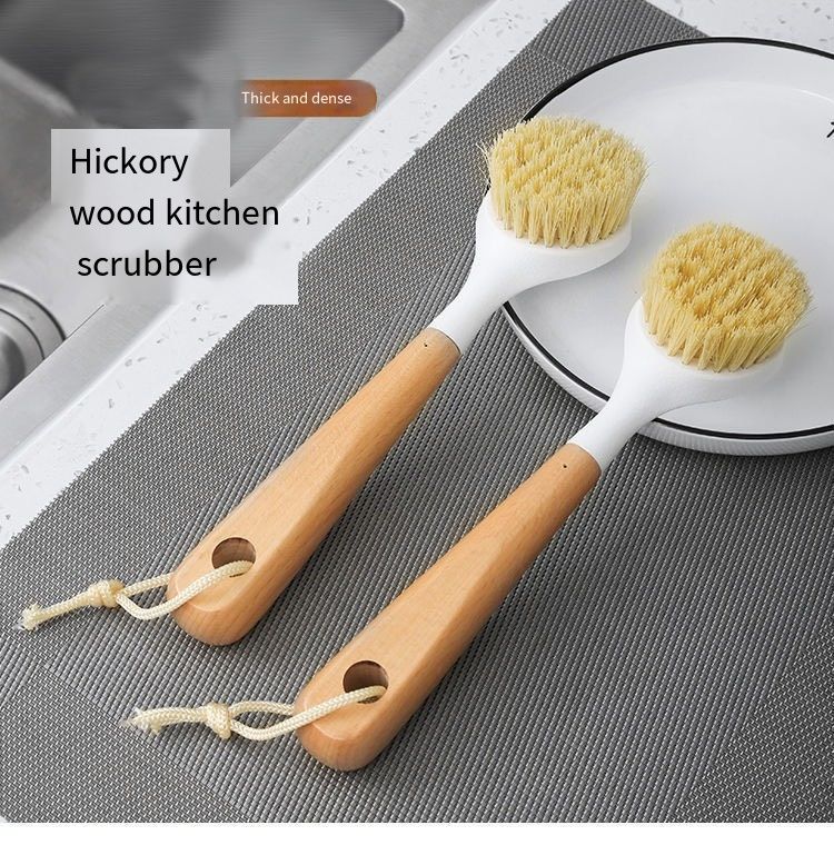2 pcs Wood-handled dishwashing brush - multi-functional long-handled cleaning brush for bowls. Comes with handle. Suitable for household use. Non-stick oil-resistant dish brush
