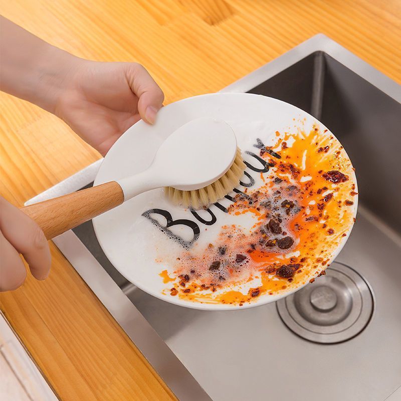 2 pcs Wood-handled dishwashing brush - multi-functional long-handled cleaning brush for bowls. Comes with handle. Suitable for household use. Non-stick oil-resistant dish brush