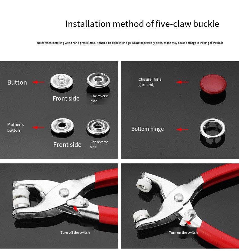 Solid five-finger buckle set - concealed fastener without sewing - nail installation tool - colorful metal - baby - infant - invisible twin buckle