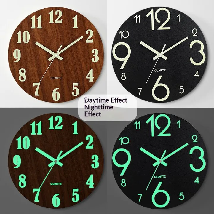 12-inch luminous wall clock with silent function, wooden surface with wood grain, glowing fluorescent panel in the clock face