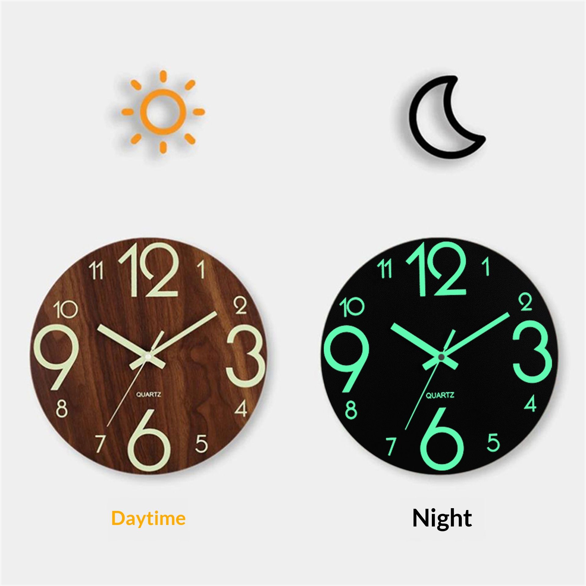 12-inch luminous wall clock with silent function, wooden surface with wood grain, glowing fluorescent panel in the clock face