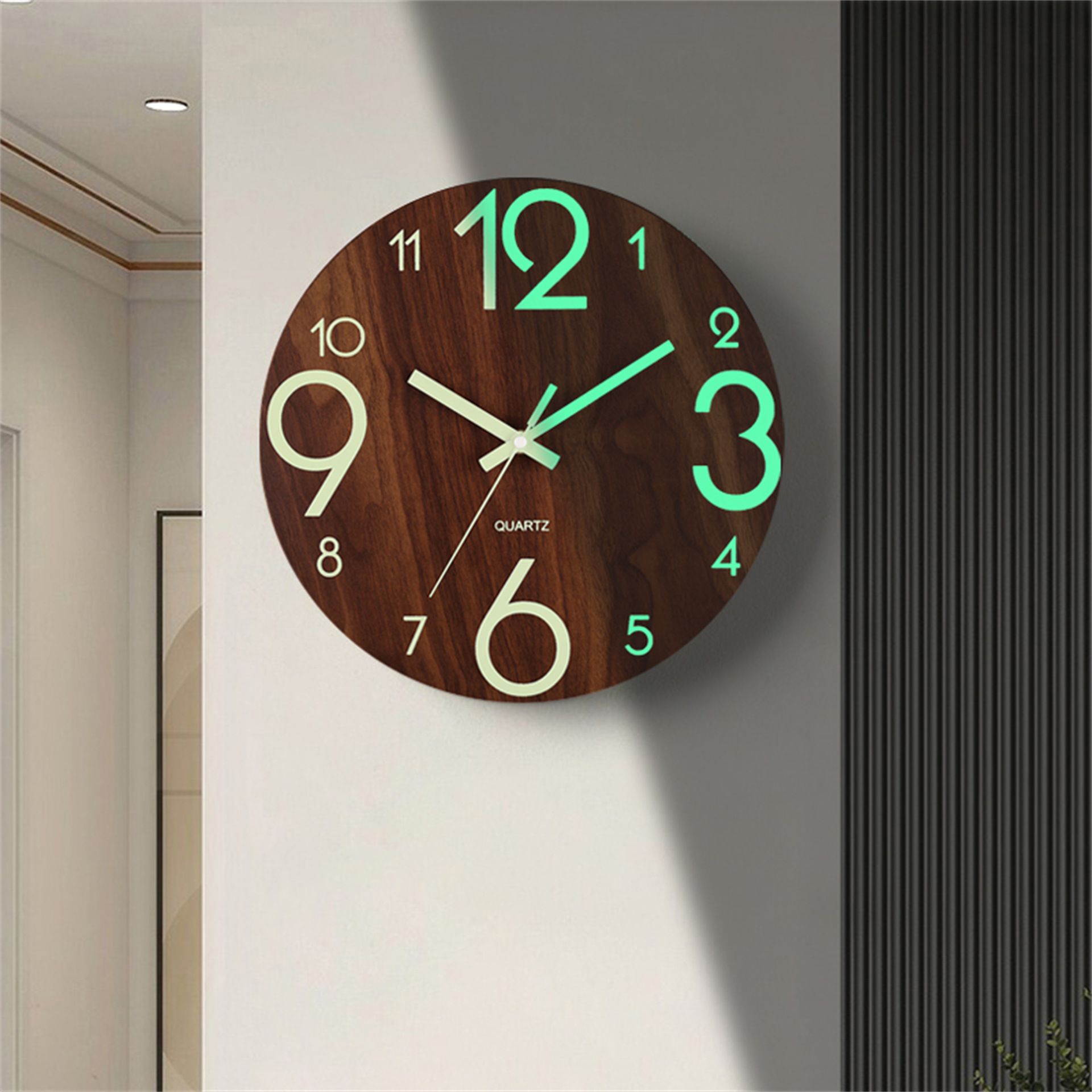 12-inch luminous wall clock with silent function, wooden surface with wood grain, glowing fluorescent panel in the clock face