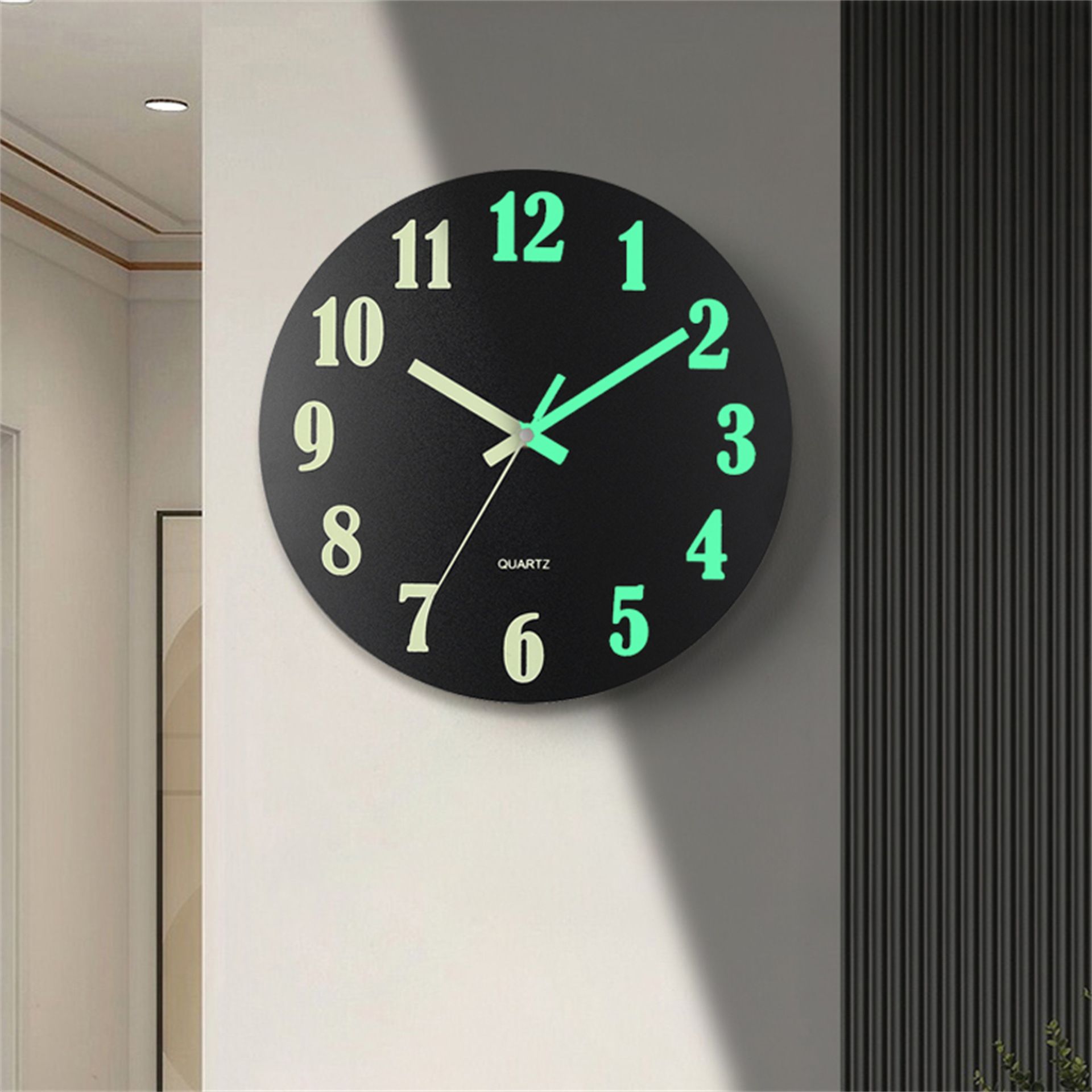 12-inch luminous wall clock with silent function, wooden surface with wood grain, glowing fluorescent panel in the clock face