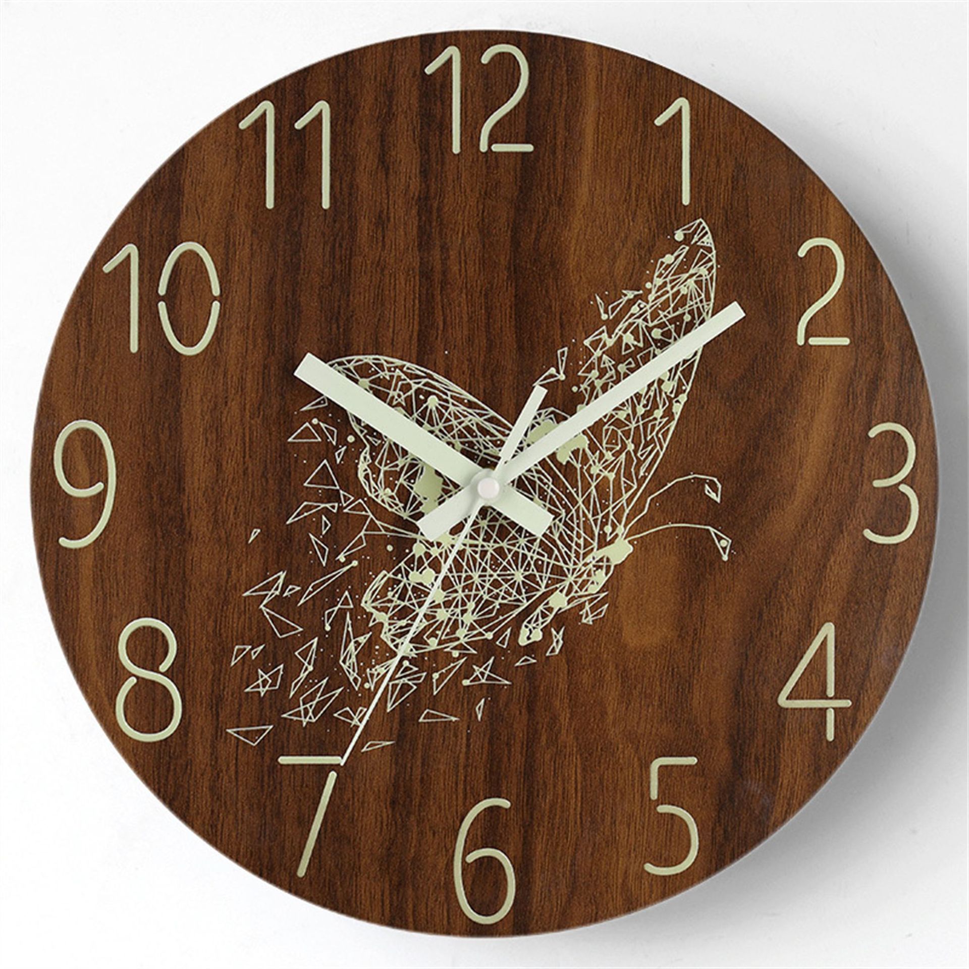 12-inch luminous wall clock with silent function, wooden surface with wood grain, glowing fluorescent panel in the clock face
