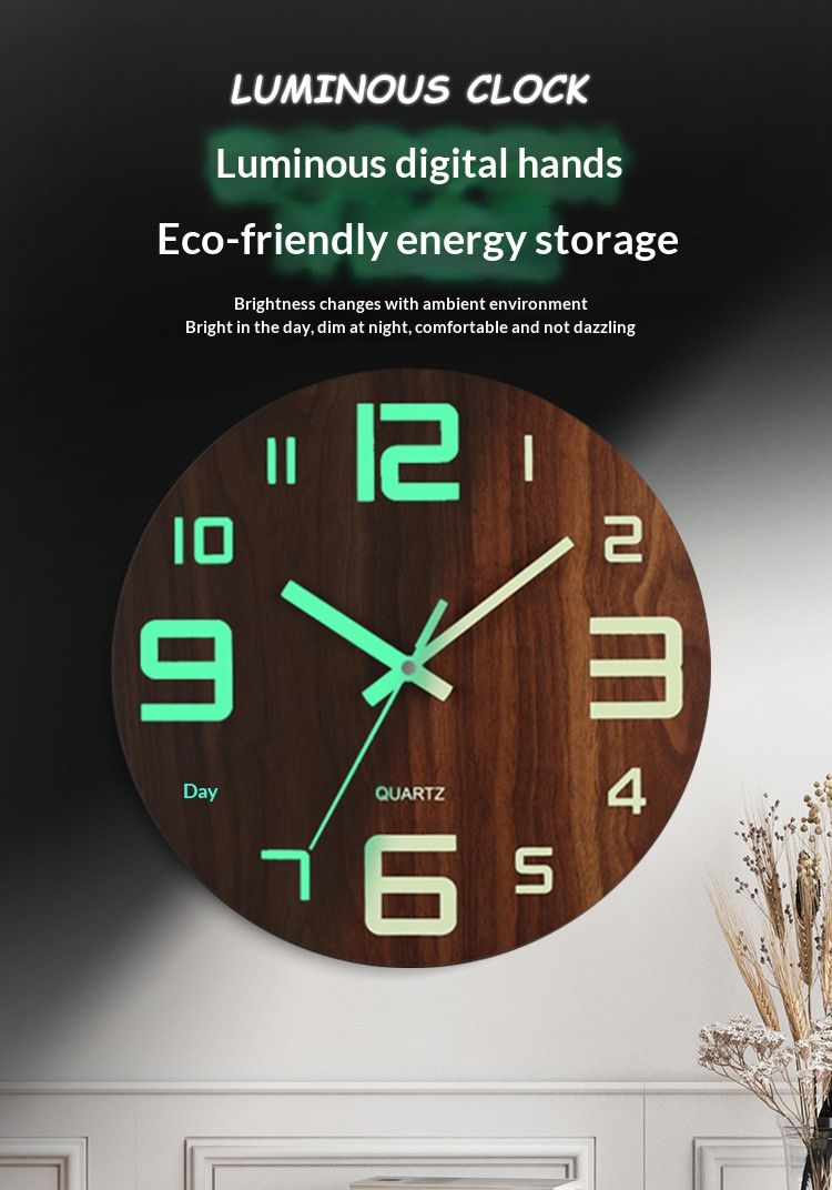 12-inch luminous wall clock with silent function, wooden surface with wood grain, glowing fluorescent panel in the clock face