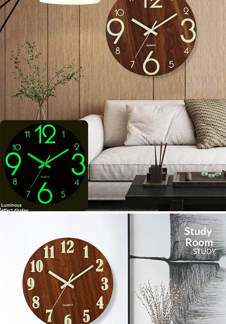 12-inch luminous wall clock with silent function, wooden surface with wood grain, glowing fluorescent panel in the clock face