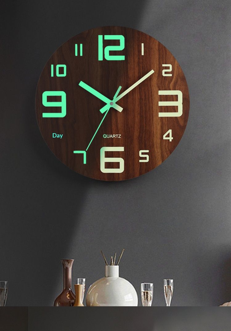 12-inch luminous wall clock with silent function, wooden surface with wood grain, glowing fluorescent panel in the clock face