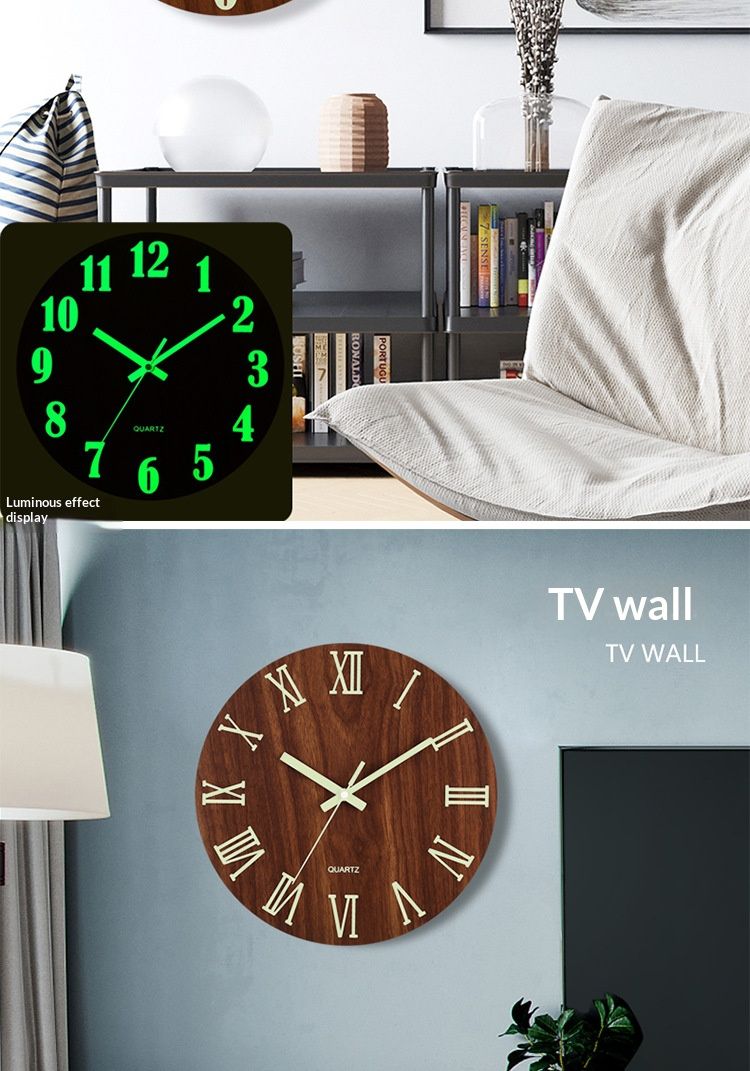 12-inch luminous wall clock with silent function, wooden surface with wood grain, glowing fluorescent panel in the clock face