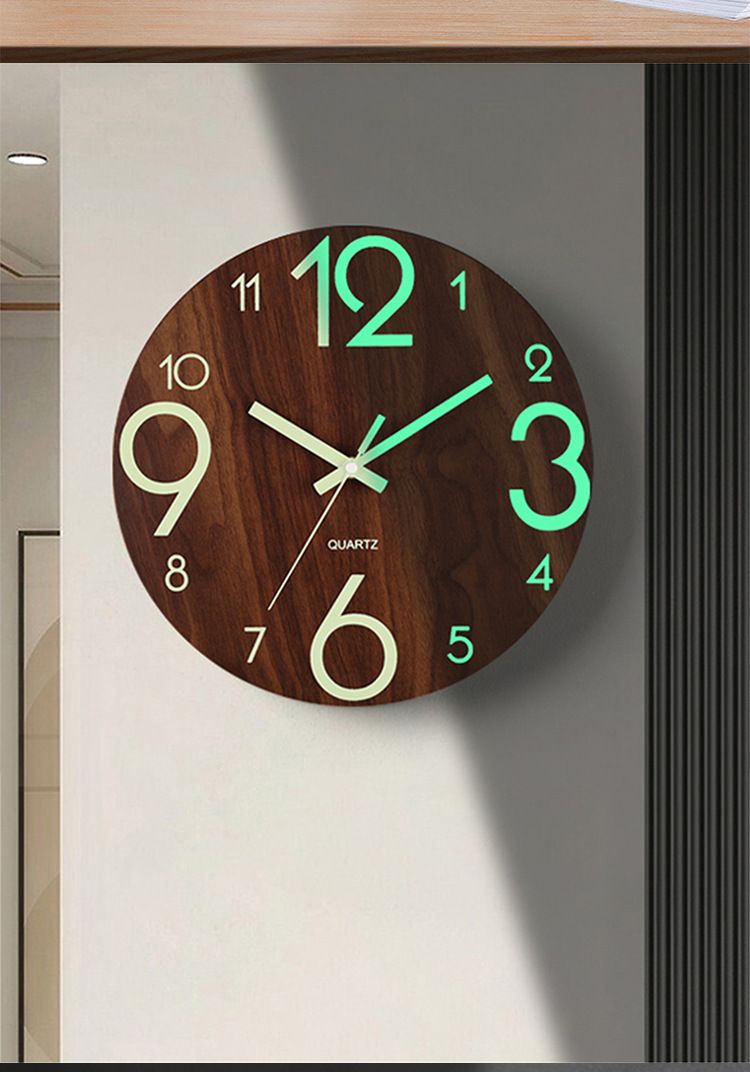 12-inch luminous wall clock with silent function, wooden surface with wood grain, glowing fluorescent panel in the clock face