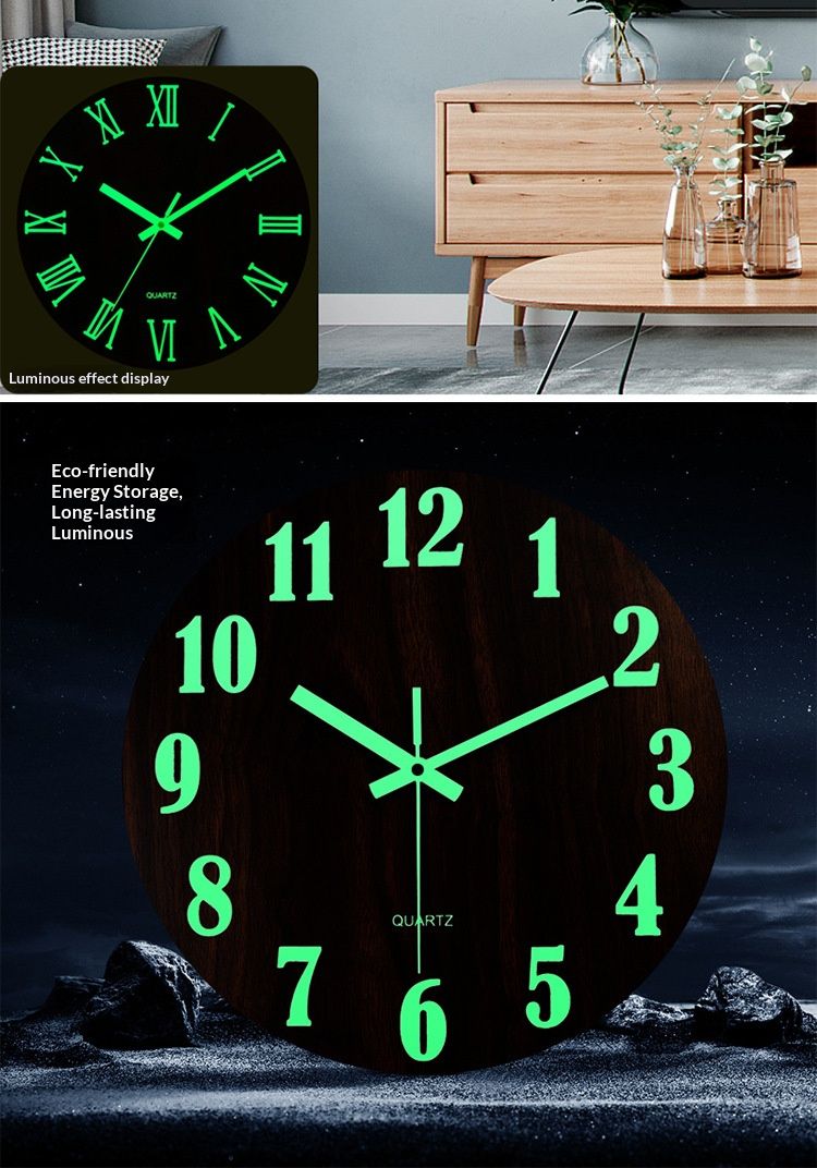 12-inch luminous wall clock with silent function, wooden surface with wood grain, glowing fluorescent panel in the clock face